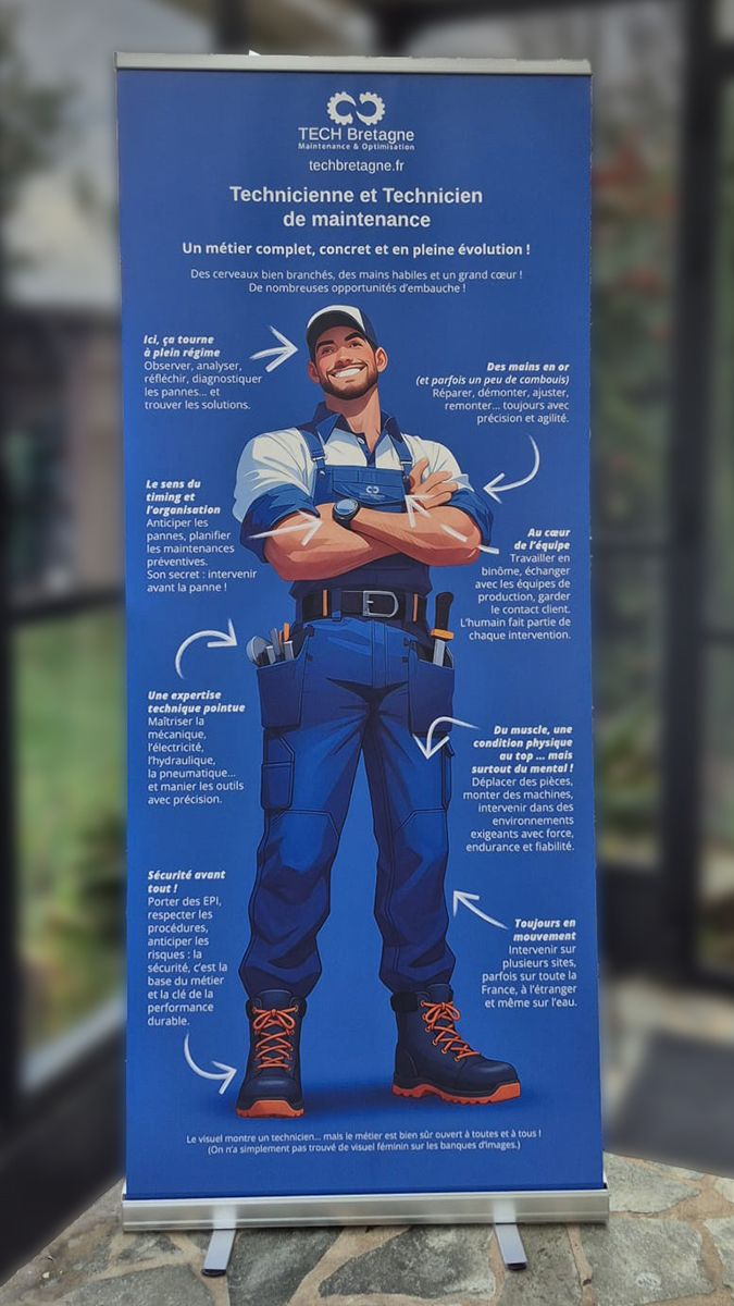 Roll-up présentant une illustration d’un technicien de maintenance, un support pédagogique créé pour promouvoir le métier auprès des jeunes lors de la Nuit de l’Orientation à Saint-Malo